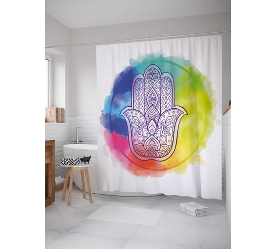 Штора (занавеска) для ванной JoyArty "Хамса в радужном кругу" из сатена, 180х200 см с крючками, sc_38611 1