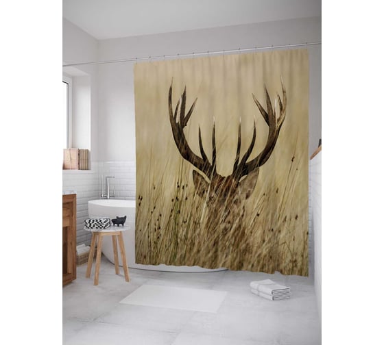 Штора (занавеска) для ванной JoyArty "Олень спрятался" из сатена, 180х200 см с крючками, sc_37646 1