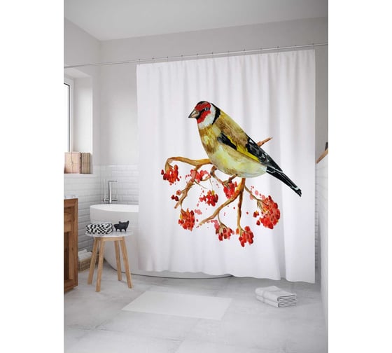 Штора (занавеска) для ванной JoyArty "На ветке рябины" из сатена, 180х200 см с крючками, sc_38364