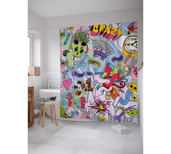 Штора (занавеска) для ванной JoyArty "Сумасшедшие граффити" из сатена, 180х200 см с крючками, sc_38418 1