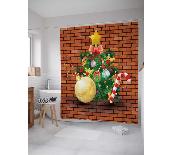 Штора (занавеска) для ванной JoyArty "Новогодняя елочка со звездой" из сатена, 180х200 см с крючками, sc_5828 1