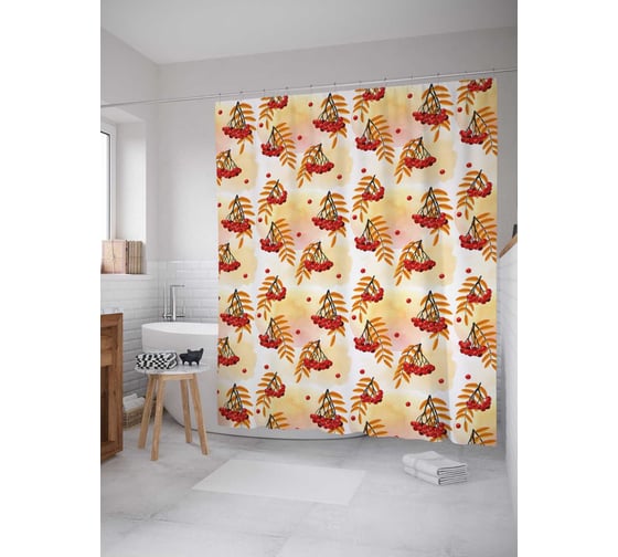 Штора (занавеска) для ванной JoyArty "Рябина на акварельных мазках" из сатена, 180х200 см с крючками, sc_38392