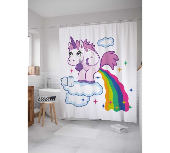 Штора (занавеска) для ванной JoyArty "Единорог на облаке" из сатена, 180х200 см с крючками, sc_38592 1