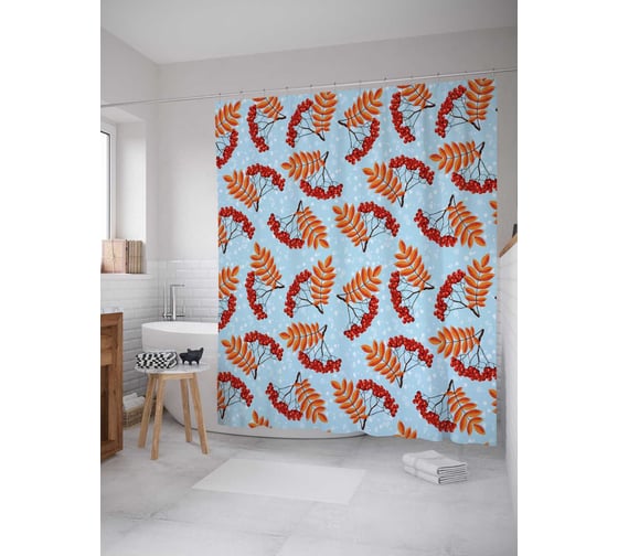 Штора (занавеска) для ванной JoyArty "Рябиновый веер" из сатена, 180х200 см с крючками, sc_38400 1