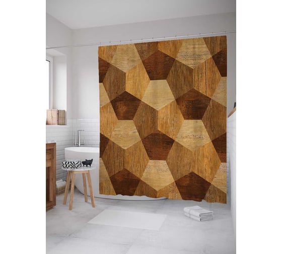 Штора (занавеска) для ванной JoyArty "Деревянная призма" из сатена, 180х200 см с крючками, sc_37395 1