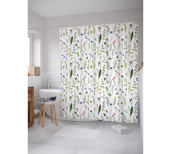 Штора (занавеска) для ванной JoyArty "Цветочный рустик" из сатена, 180х200 см с крючками, sc_47734 1