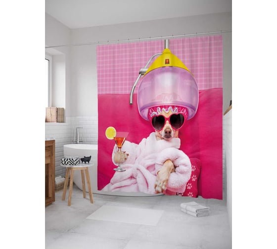 Штора (занавеска) для ванной JoyArty "Пес в парикмахерской" из сатена, 180х200 см с крючками, sc_38572 1