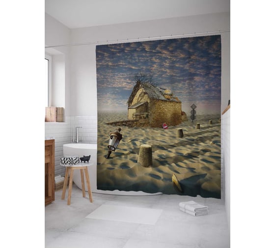 Штора (занавеска) для ванной JoyArty "Заброшенная хижина в пустыне" из сатена, 180х200 см с крючками, sc_4601 1