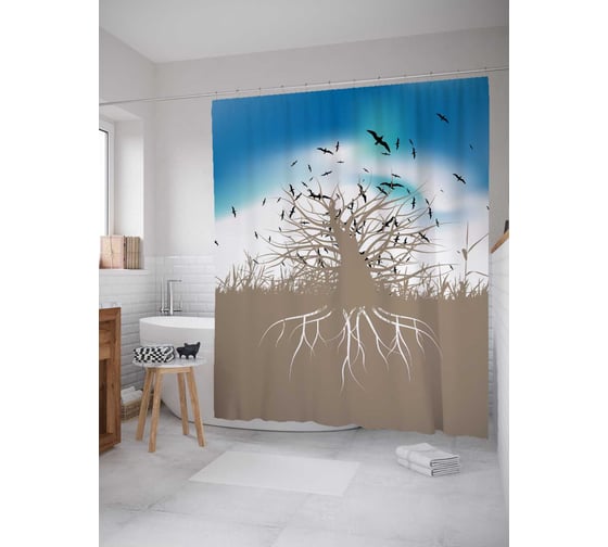 Штора (занавеска) для ванной JoyArty "Стая птиц у древа" из сатена, 180х200 см с крючками, sc_3995 1