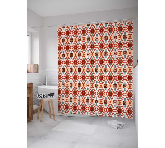 Штора (занавеска) для ванной JoyArty "Этнические ромбы" из сатена, 180х200 см с крючками, sc_37414 1
