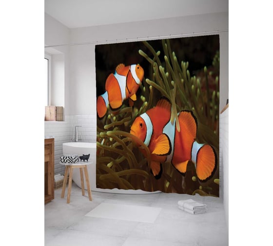 Штора (занавеска) для ванной JoyArty "Рыбные прятки" из сатена, 180х200 см с крючками, sc_4132 1
