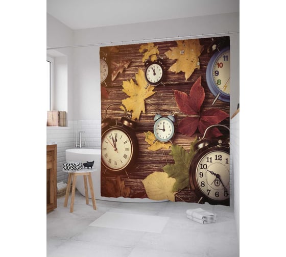 Штора (занавеска) для ванной JoyArty "Будильники" из сатена, 180х200 см с крючками, sc_37686 1