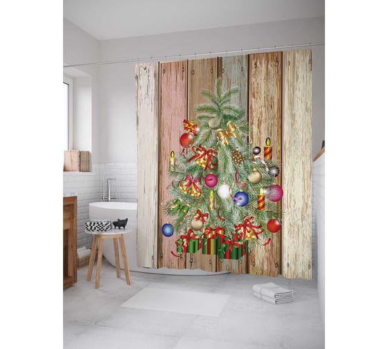 Штора (занавеска) для ванной JoyArty "Новогодняя елочка рисунок на заборе" из сатена, 180х200 см с крючками, sc_5476 1