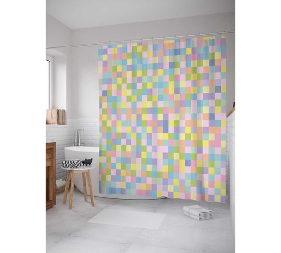 Штора (занавеска) для ванной JoyArty "Цветной пиксель" из сатена, 180х200 см с крючками, sc_38070