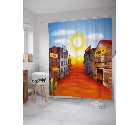 Штора (занавеска) для ванной JoyArty "Улочка Дикого Запада" из сатена, 180х200 см с крючками, sc_37971 1