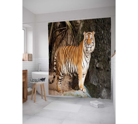 Штора (занавеска) для ванной JoyArty "Величественный тигр" из сатена, 180х200 см с крючками, sc_38681 1