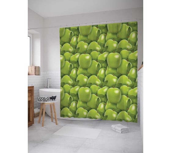 Штора (занавеска) для ванной JoyArty "Зеленые яблоки" из сатена, 180х200 см с крючками, sc_52715 1