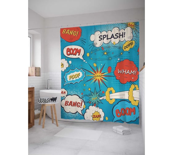 Штора (занавеска) для ванной JoyArty "Наклейки поп-арт" из сатена, 180х200 см с крючками, sc_38718 1