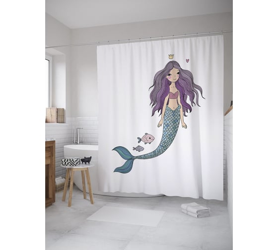 Штора (занавеска) для ванной JoyArty "Русалка и рыба" из сатена, 180х200 см с крючками, sc_59835 1