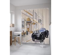 Штора (занавеска) для ванной JoyArty "Ретро кабриолет у кафе" из сатена, 180х200 см с крючками, sc_60127