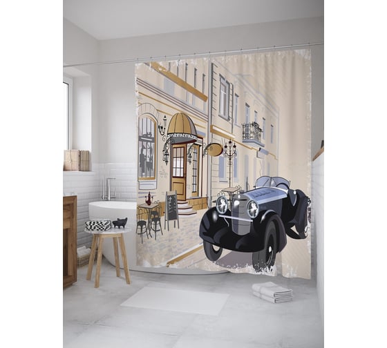 Штора (занавеска) для ванной JoyArty "Ретро кабриолет у кафе" из сатена, 180х200 см с крючками, sc_60127 1
