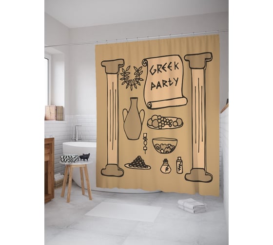 Штора (занавеска) для ванной JoyArty "Греческая вечеринка" из сатена, 180х200 см с крючками, sc_58606 1