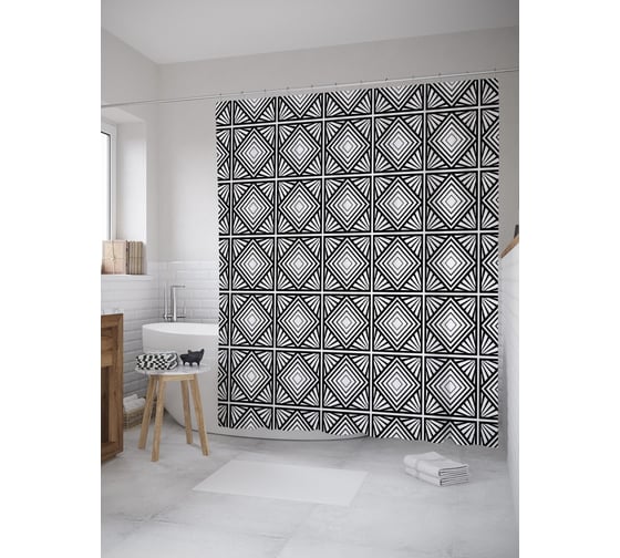 Штора (занавеска) для ванной JoyArty "Ромбы зентангл" из сатена, 180х200 см с крючками, sc_60709