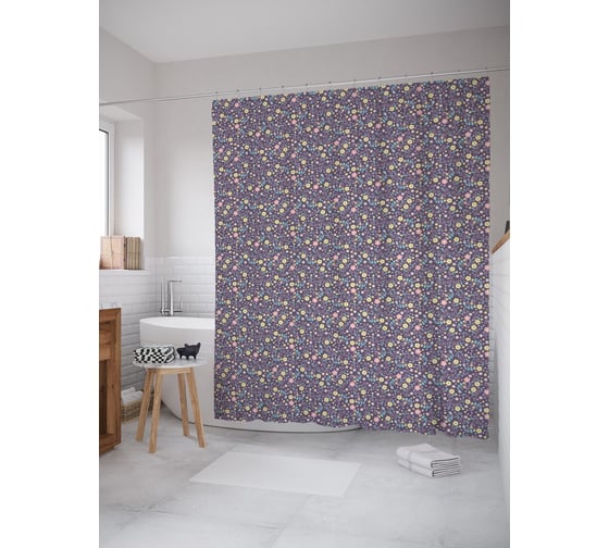 Штора (занавеска) для ванной JoyArty "Завитки с двухцветными цветами" из сатена, 180х200 см с крючками, sc_54474 1