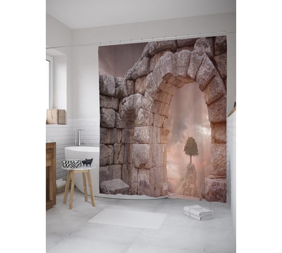 Штора (занавеска) для ванной JoyArty "Каменная арка" из сатена, 180х200 см с крючками, sc_60554 1