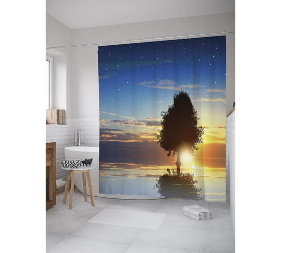Штора (занавеска) для ванной JoyArty "Одинокое дерево на закате" из сатена, 180х200 см с крючками, sc_60553 1
