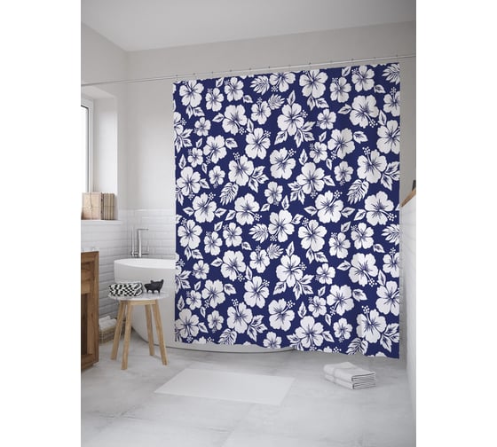 Штора (занавеска) для ванной JoyArty "Силуэты тропических цветов" из сатена, 180х200 см с крючками, sc_52407