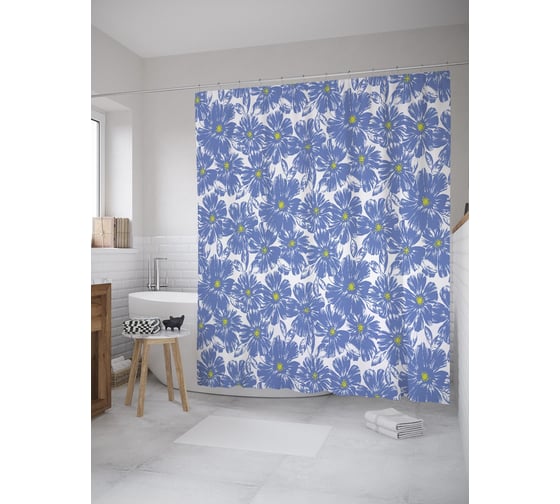 Штора (занавеска) для ванной JoyArty "Ситцевые ромашки" из сатена, 180х200 см с крючками, sc_59256 1