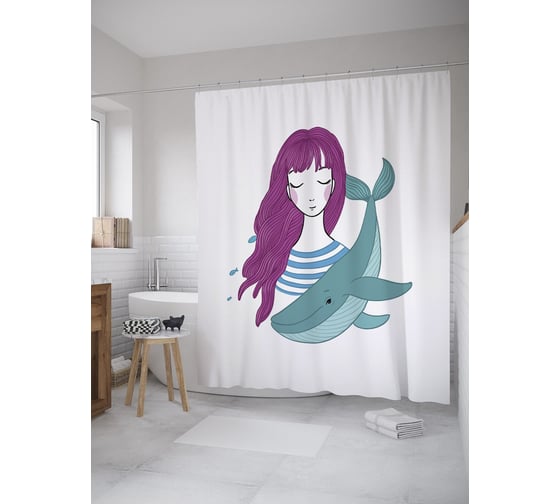Штора (занавеска) для ванной JoyArty "Морячка и кит" из сатена, 180х200 см с крючками, sc_59839 1