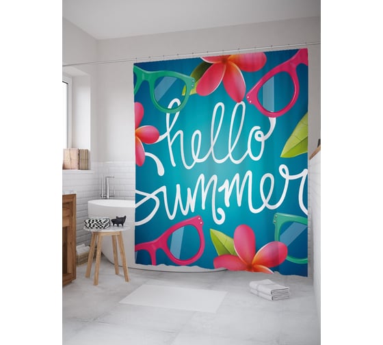 Штора (занавеска) для ванной JoyArty "Привет, тропическое лето" из сатена, 180х200 см с крючками, sc_53758 1