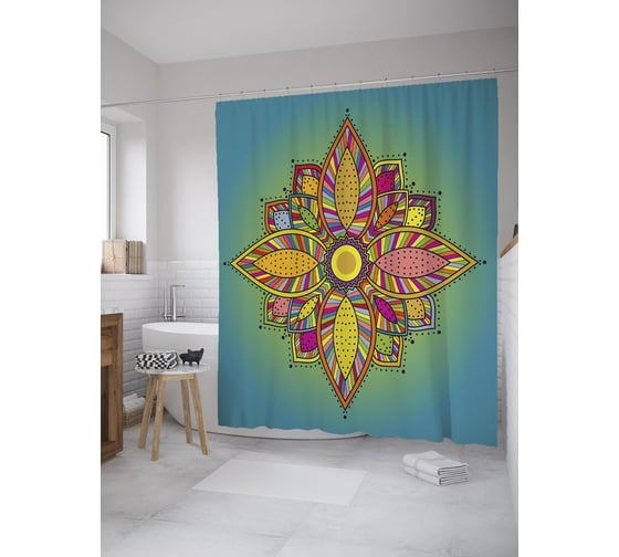 Штора (занавеска) для ванной JoyArty "Цветок дудл" из сатена, 180х200 см с крючками, sc_59394