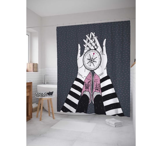 Штора (занавеска) для ванной JoyArty "Компас любви" из сатена, 180х200 см с крючками, sc_38921 1