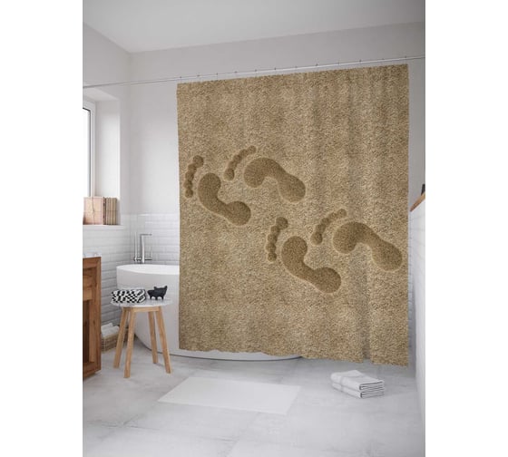 Штора (занавеска) для ванной JoyArty "Следы на песке" из сатена, 180х200 см с крючками, sc_5227 1