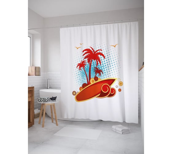 Штора (занавеска) для ванной JoyArty "Серф у пальм" из сатена, 180х200 см с крючками, sc_53173 1