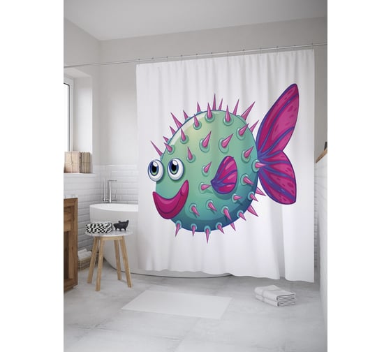 Штора (занавеска) для ванной JoyArty "Рыба с губами" из сатена, 180х200 см с крючками, sc_55070 1