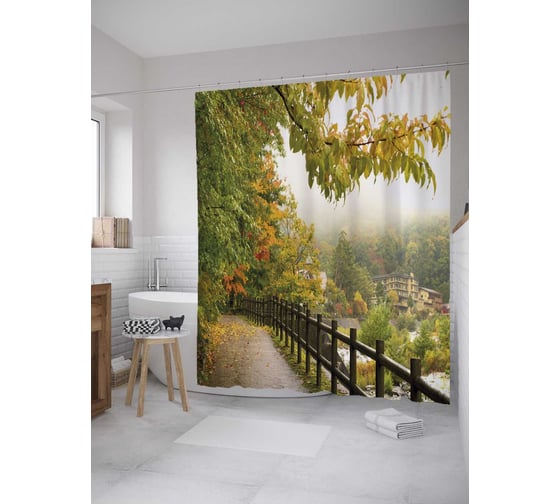 Штора (занавеска) для ванной JoyArty "Осенняя дорога" из сатена, 180х200 см с крючками, sc_32759 1