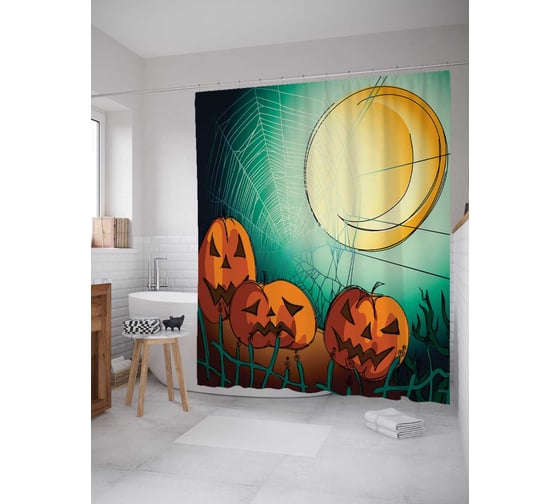 Штора (занавеска) для ванной JoyArty "Тыквы в паутине" из сатена, 180х200 см с крючками, sc_6021 1