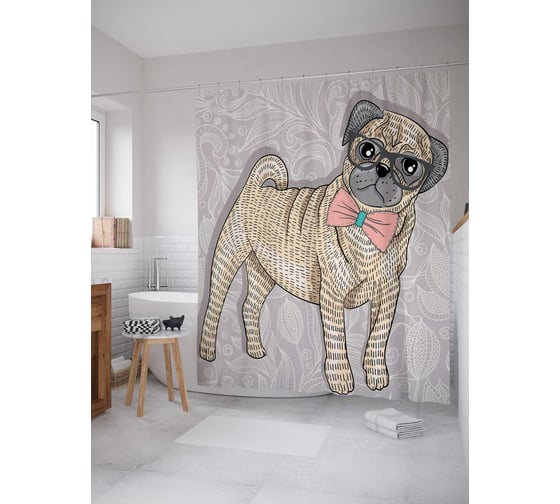 Штора (занавеска) для ванной JoyArty "Галантный мопс" из сатена, 180х200 см с крючками, sc_41930 1