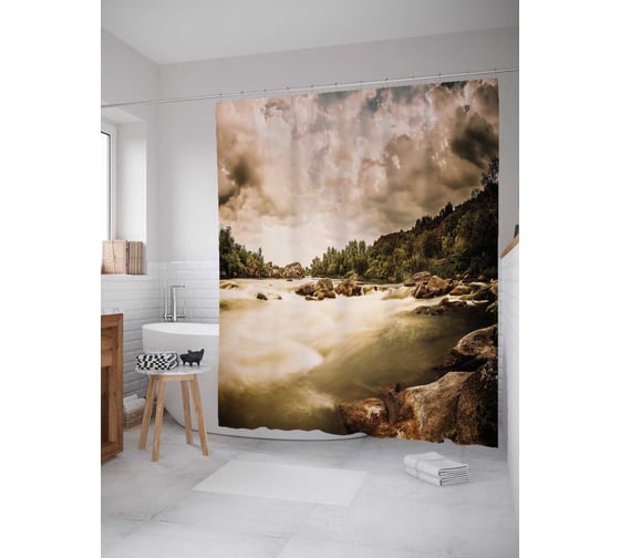 Штора (занавеска) для ванной JoyArty "Горное озеро ретро" из сатена, 180х200 см с крючками, sc_32669 1