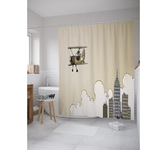 Штора (занавеска) для ванной JoyArty "Первые полеты" из сатена, 180х200 см с крючками, sc_39092