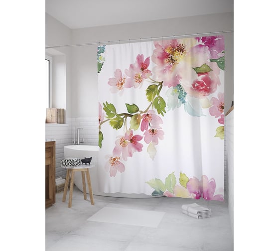 Штора (занавеска) для ванной JoyArty "Акварельная цветущая ветка" из сатена, 180х200 см с крючками, sc_59528 1
