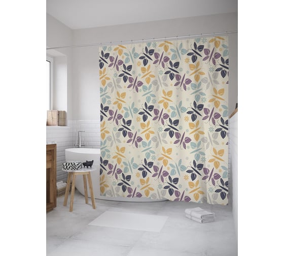 Штора (занавеска) для ванной JoyArty "Монотонные бабочки" из сатена, 180х200 см с крючками, sc_59200 1