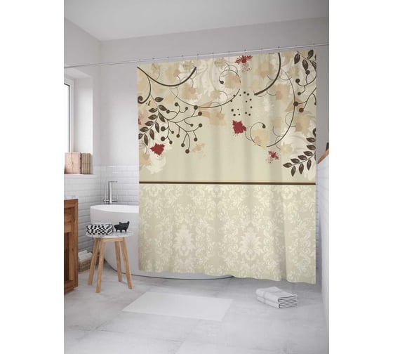 Штора (занавеска) для ванной JoyArty "Листья фантазий" из сатена, 180х200 см с крючками, sc_3836 1
