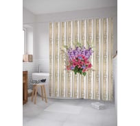 Штора (занавеска) для ванной JoyArty "Золотые полосы с букетом" из сатена, 180х200 см с крючками, sc_4850