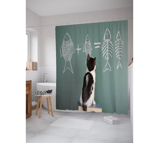 Штора (занавеска) для ванной JoyArty "Кошачья арифметика" из сатена, 180х200 см с крючками, sc_52747 1