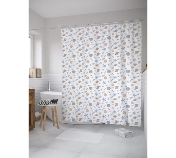 Штора (занавеска) для ванной JoyArty "Графические ракушки" из сатена, 180х200 см с крючками, sc_55789 1